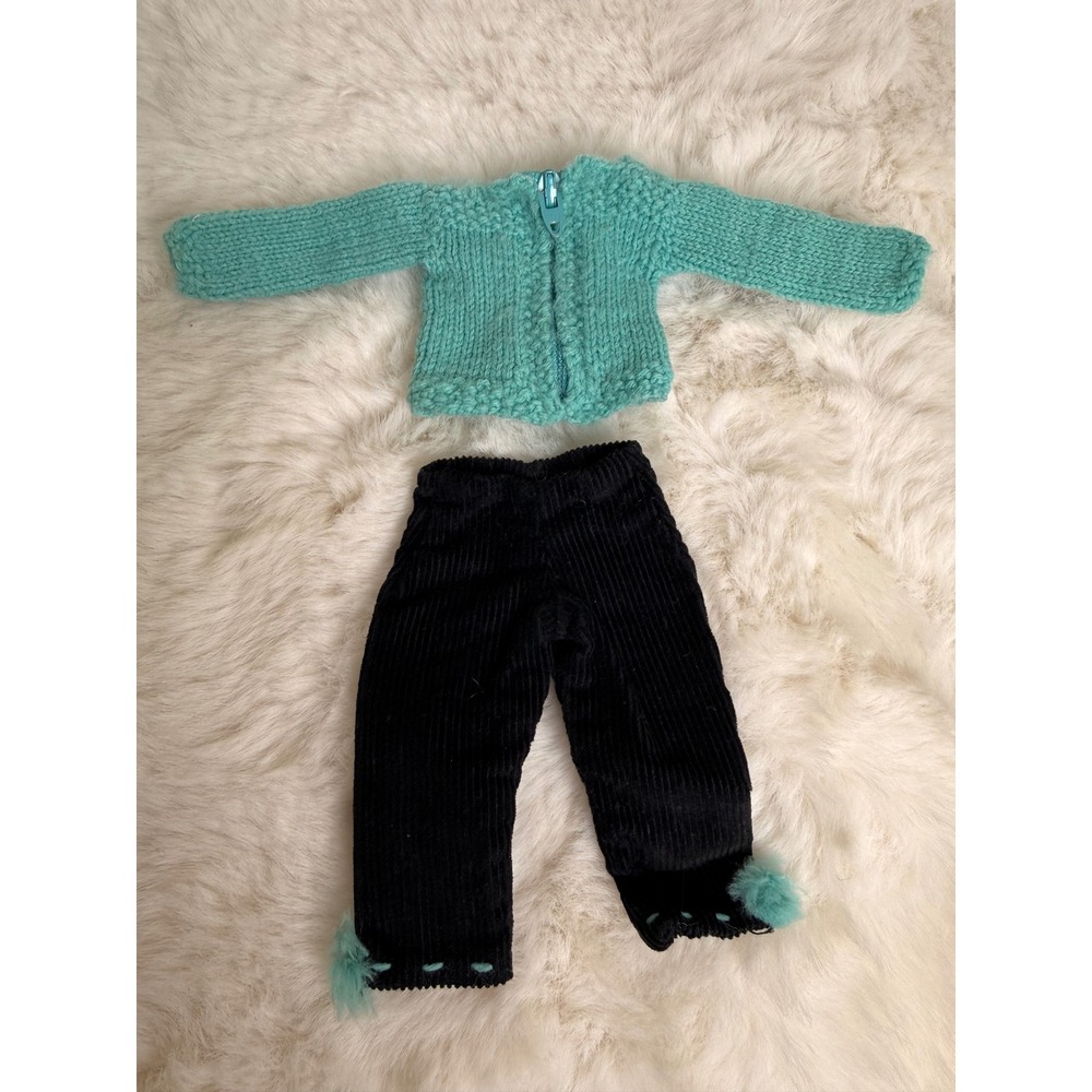 Vintage 1960s Barbie Clone Aqua Knit Zipper Sweater and Black Corduroy Pants Set